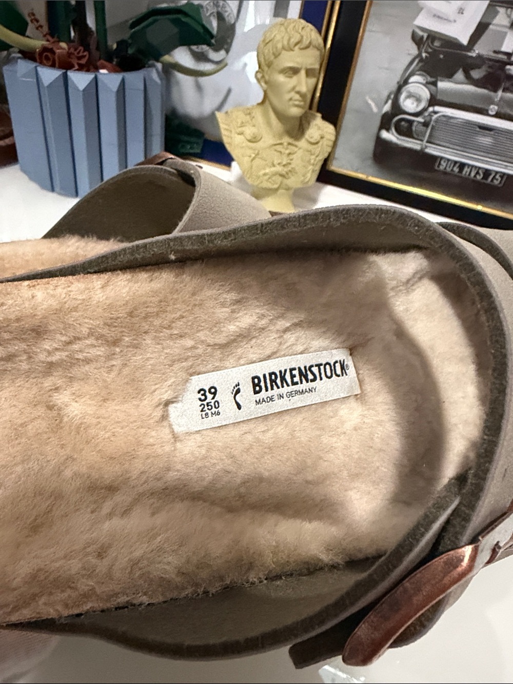 Birkenstock Women’s Taupe Two-Strap Sandals with Rose Gold Buckles - Shearling! - Picture 7 of 9